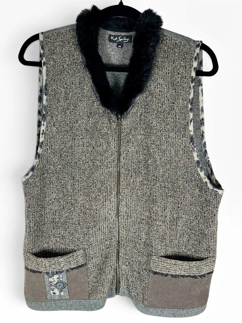 Vintage KD Spring Womens Zip Vest Gray Size M Rabbit Fur Mixed Media Y2K Artsy